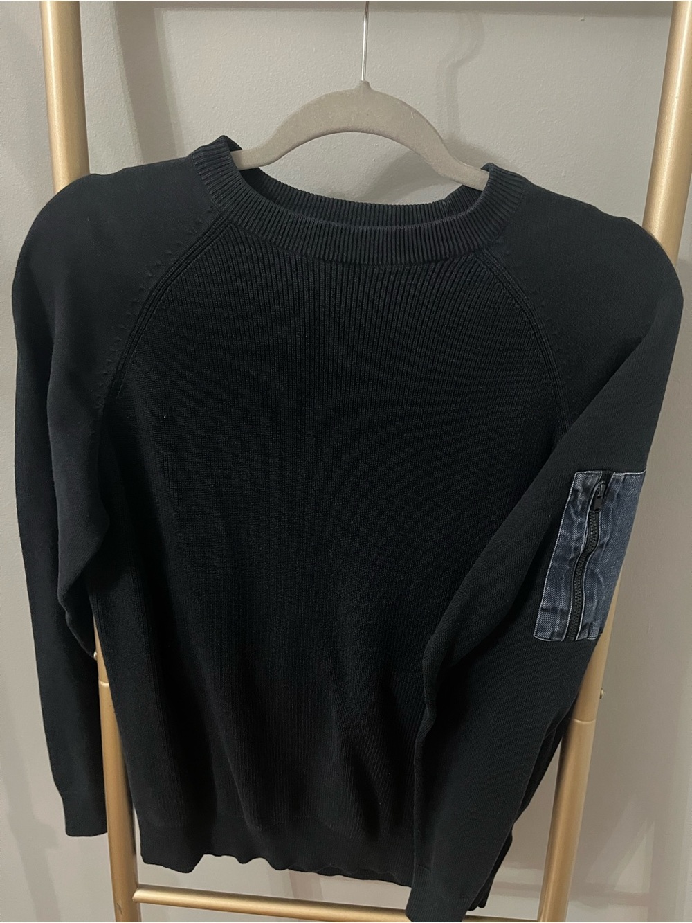 Men’s Threadbare Navy Knit Crewneck Sweater with Utility Zip Sleeve | Size S